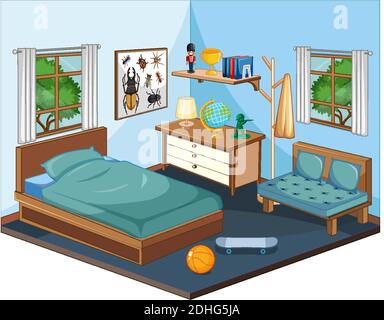 Bedroom interior with furniture in blue theme illustration Stock Vector