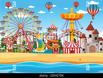 Amusement park with beach side scene at daytime with balloons in the ...