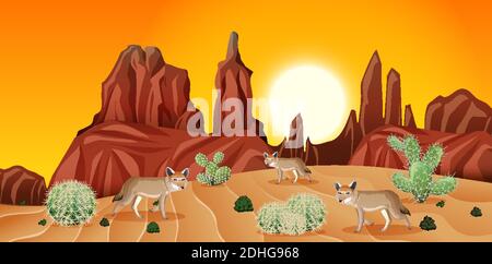 Desert with rock mountains and coyote landscape at sunset scene illustration Stock Vector
