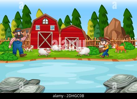 Old MacDonald in a farm nursery rhymes scene illustration Stock Vector