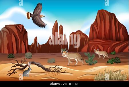Desert with rock mountains desert animals landscape at day scene illustration Stock Vector