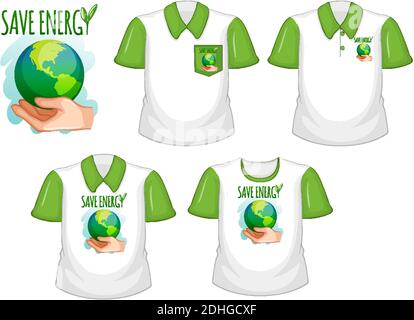 Save energy logo and set of different white shirts with green short sleeves isolated on white background illustration Stock Vector
