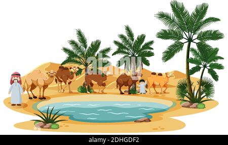 Oasis in desert with camel and nature elements on white background illustration Stock Vector