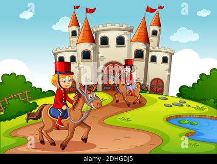 Fairytale scene with castle and soldier royal guard scene illustration Stock Vector