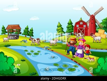 Farm with red barn and windmill scene Stock Vector Image & Art - Alamy
