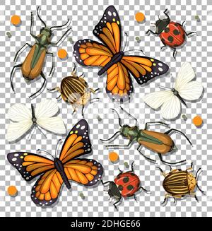 Set of different insects on transparent background illustration Stock Vector
