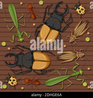 Set of different insects on wooden wallpaper background illustration ...