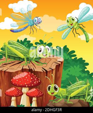 Four grasshoper living in the garden scene at daytime illustration Stock Vector