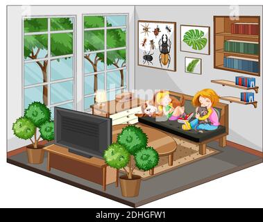 Mother and daughter in the living room with furnitures illustration Stock Vector