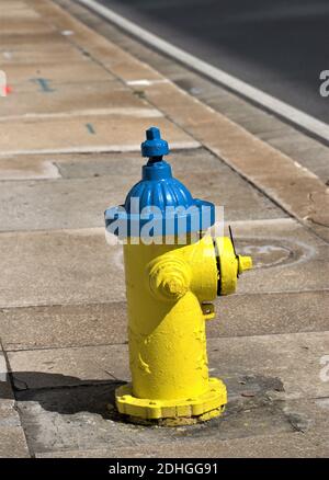 Yellow and blue fire hydrant Stock Photo