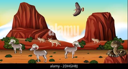 Desert with rock mountains and desert animals landscape at day scene illustration Stock Vector