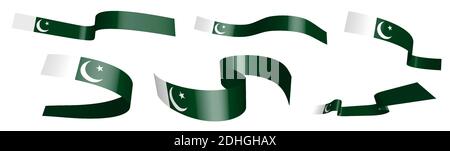 Set of holiday ribbons. Flag of Islamic Republic of Pakistan waving in wind. Separation into lower and upper layers. Design element. Vector on white b Stock Vector
