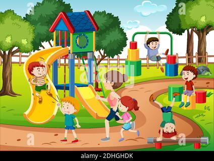 Playground scene with children playing with their animals illustration ...