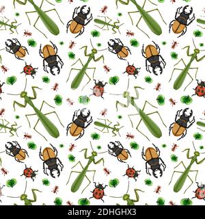 Different insects seamless pattern white background illustration Stock Vector