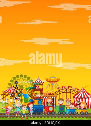 Amusement park scene at daytime with happy kids illustration Stock ...
