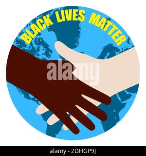 Black lives matter social protest. No to racism. Dark skinned and fair skinned hand in handshake. Round colored logo, sticker Stock Vector