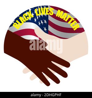 Black lives matter social protest. No to racism. Against the backdrop of the American flag, dark skinned and fair skinned shaking hands. Heart shaped Stock Vector