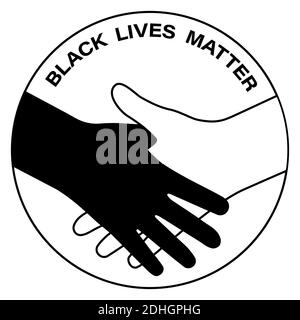 Black lives matter social protest. No to racism. Dark skinned and fair skinned hand in handshake. Round black and white logo, sticker Stock Vector
