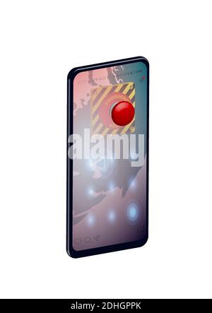 Concept, smartphone with a red emergency button inside the device. Emergency call in dangerous situations. Realistic 3d vector on white background Stock Vector