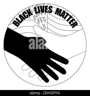 Black lives matter social protest. No to racism. Against the backdrop of the American flag, dark skinned and fair skinned shaking hands. Heart shaped Stock Vector