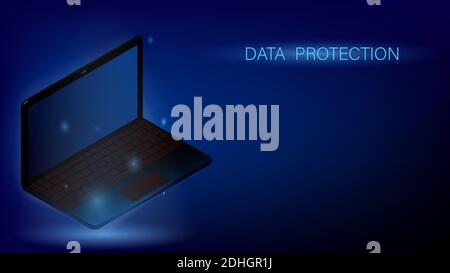 Glowing laptop floating in the air. Online concept, protection of personal data on the network. Information Security. Dark blue banner, template. Vect Stock Vector