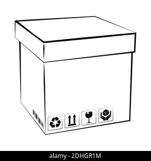 Closed white box with barcode and cargo storage signs. Shipping and home delivery. Gifts and surprises with courier delivery. Isolated vector on white Stock Vector
