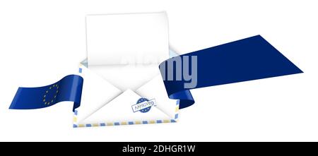 Concept, open envelope with blank sheet of paper wrapped in shiny festive ribbon with elements of European Union flag. Congratulatory template, inform Stock Vector