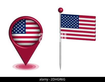 drop checkpoint and a pin with the American flag to indicate on the map of the United States. GPS navigation. Isolated vector on white background Stock Vector