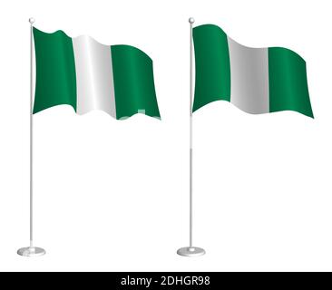 flag of Federal Republic of Nigeria on flagpole waving in the wind. Holiday design element. Checkpoint for map symbols. Isolated vector on white backg Stock Vector