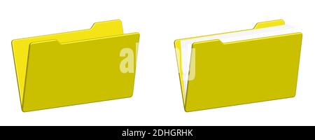icons of open yellow folders for documents. Empty filled. Remove the paper sheet from the folder. Isolated vector on white background Stock Vector