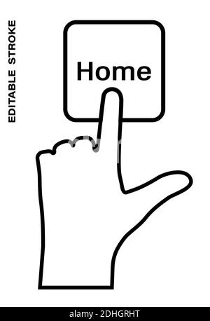Icon editable stroke, human hand presses the keyboard button Home with the index finger. Getting help, additional information. Isolated vector on whit Stock Vector