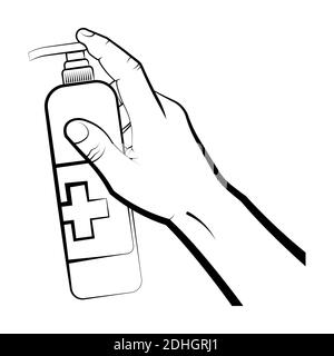 man holds a bottle of liquid soap in his hand, presses the dispenser with his index finger. Fighting infection, hygiene. Isolated vector on white back Stock Vector