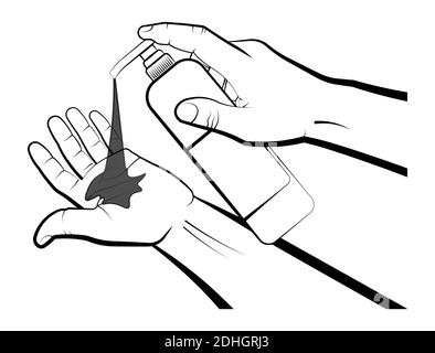 man holds a bottle of liquid soap in hand, presses the soap dispenser into the palm of his hand with index finger. Fighting infection, hygiene. Isolat Stock Vector