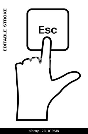 Icon editable stroke, human hand presses the keyboard button Escape with the index finger. Getting help, additional information. Isolated vector on wh Stock Vector