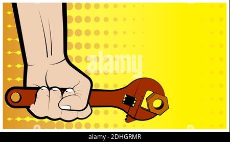 mans hand holds a big wrench. Comic style illustration. Vector Stock Vector