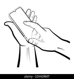 mans hand holds a smartphone and presses a finger on the touch screen. Using portable smart devices, navigation, communication. Isolated vector on whi Stock Vector