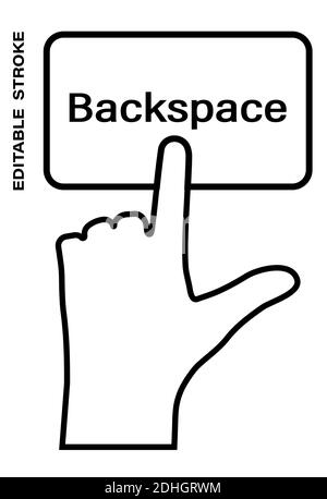 Icon editable stroke, human hand presses the keyboard button Backspace with the index finger. Getting help, additional information. Isolated vector on Stock Vector