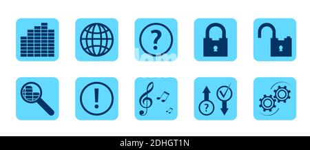 Set of icons with modern technology. Search, download, storage and data protection, remote configuration of devices, multimedia. Vector on a white bac Stock Vector