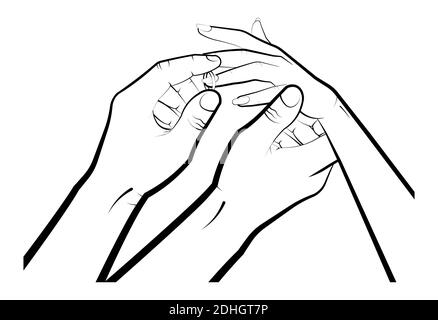 man puts on a woman a wedding ring. Marriage, family, wedding ceremony. Isolated eyelid on a white background Stock Vector
