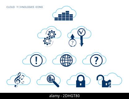 Set of icons with modern cloud technology. Search, download, storage and data protection, remote configuration of devices, multimedia. Vector on a whi Stock Vector
