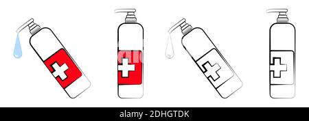 set of icons, colored and black and white bottle with liquid soap. Disinfectant dispenser. Maintaining hygiene in a pandemic and daily life. Isolated Stock Vector
