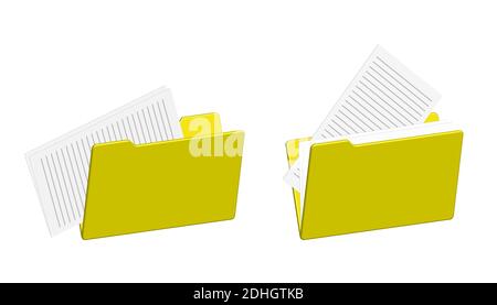 set of icons of yellow open folders for documents. Empty filled. Remove the paper sheet from the folder. Isolated vector on white background Stock Vector