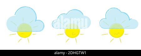 Set bright summer sun with different emotions closed by clouds, hand-drawn in grunge style. Overcast. Childrens design element. Isolated vector on whi Stock Vector
