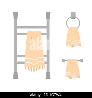 Heated towel rail set. Equipments with hand drawn towels for bathroom. Stock Vector