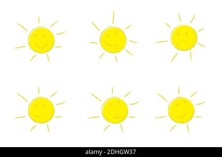 set of bright summer sun with different emotions, hand-drawn in grunge style. Childrens design element. Isolated vector on white background Stock Vector