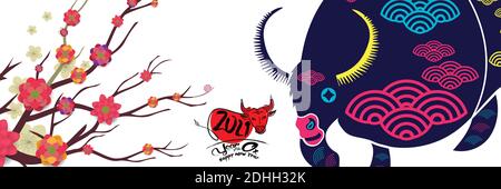 Chinese New Year 2021 banner. Year of Ox. Chinese zodiac symbol of 2021. Vector Design Stock Vector