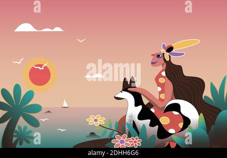 Illustration of beautiful women and dogs watching the sunset at the beach Stock Vector