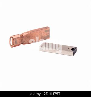 Two old USB flash drives isolated on a white background. Close up Stock Photo