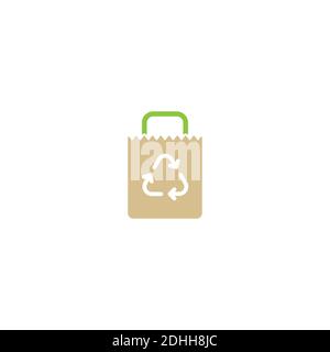 brown empty grocery paper bag with reuse sign. flat icon isolated on white. vector illustration. recycle eco package for products or food. Stock Vector
