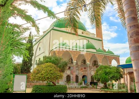 Al-Jazzar Mosque of Israel in the old city of Acre or Akko town, Historical landmark of 1781 located on el-Jazzar Street. Acre town is an UNESCO World Stock Photo